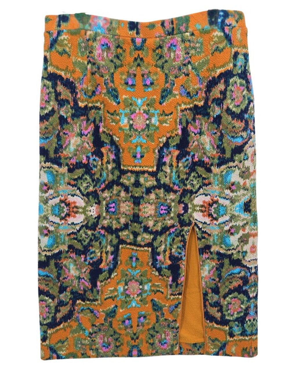 Anthropologie Maeve Pencil Midi Skirt Sz L Front Slit Floral Tapestry Motif Boho